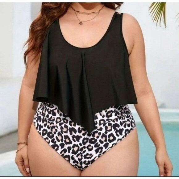 Women's Plus Ruffle Hem Leopard Print One Piece Bathing Suit sz 2X - Picture 5 of 5